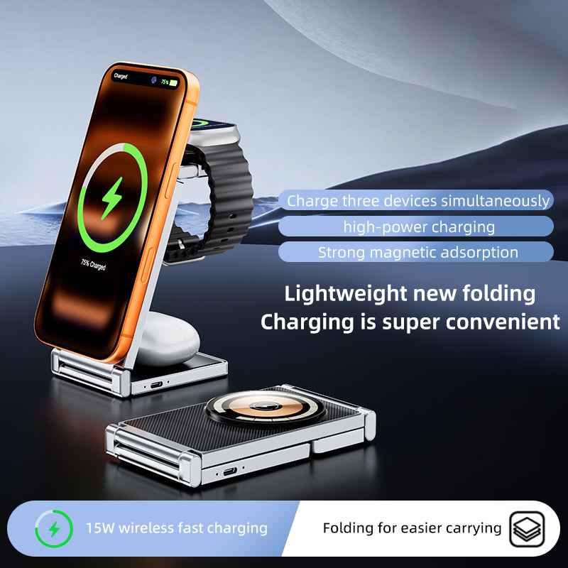 Ronix® ES8 3-in-1 Foldable MagSafe Charging Station — 3D Glass & Zinc Alloy